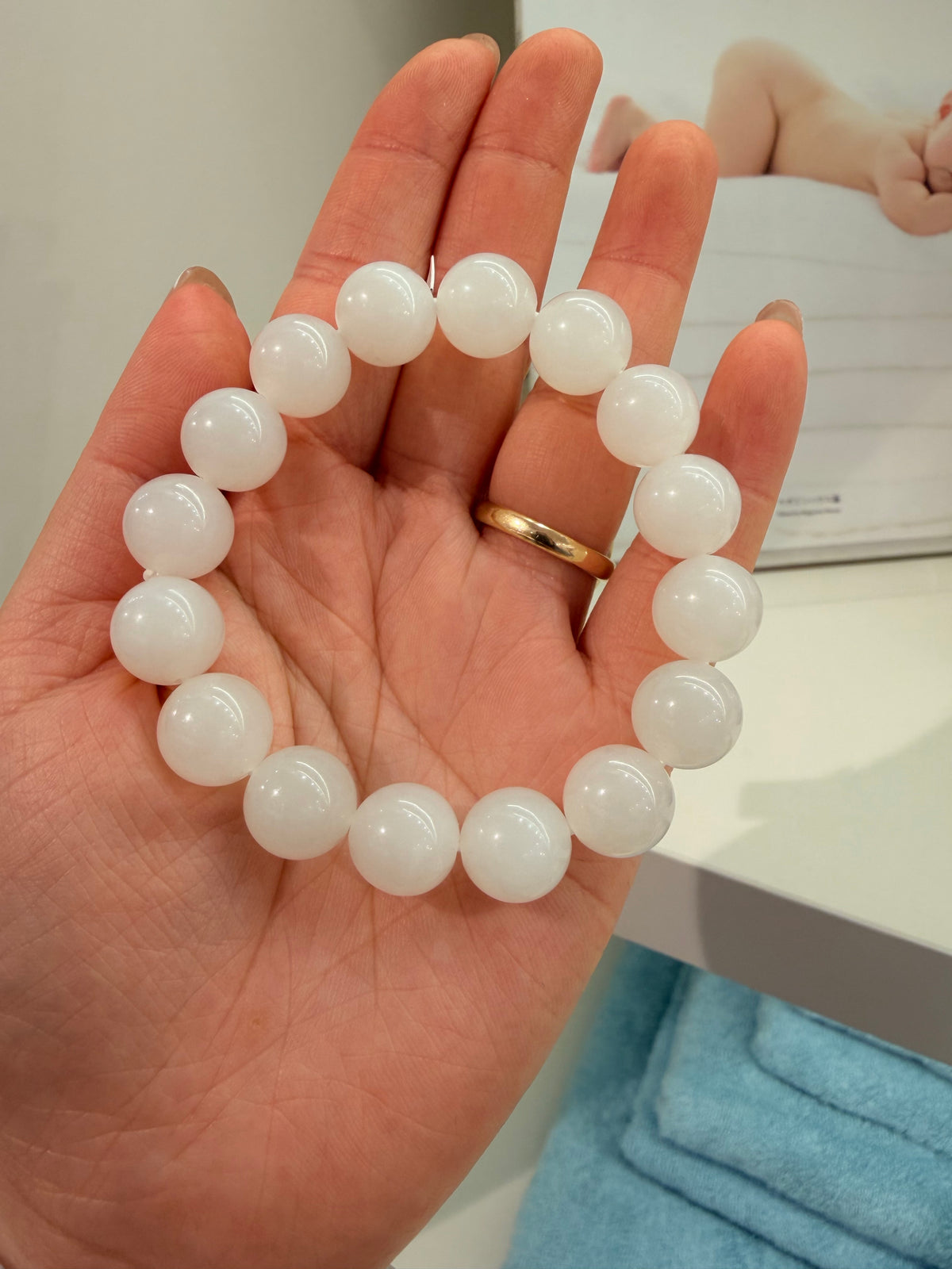 White Nephrite Jade Bead Bracelet — 12 mm