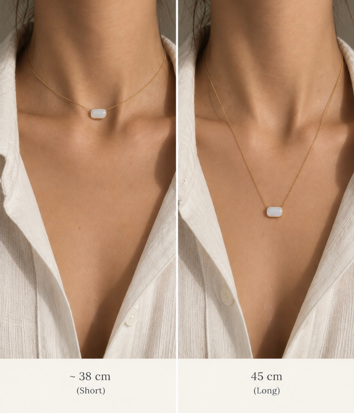 Side-by-side views of a model wearing the white nephrite jade Line Pendant on a gold vermeil chain at two necklace lengths.