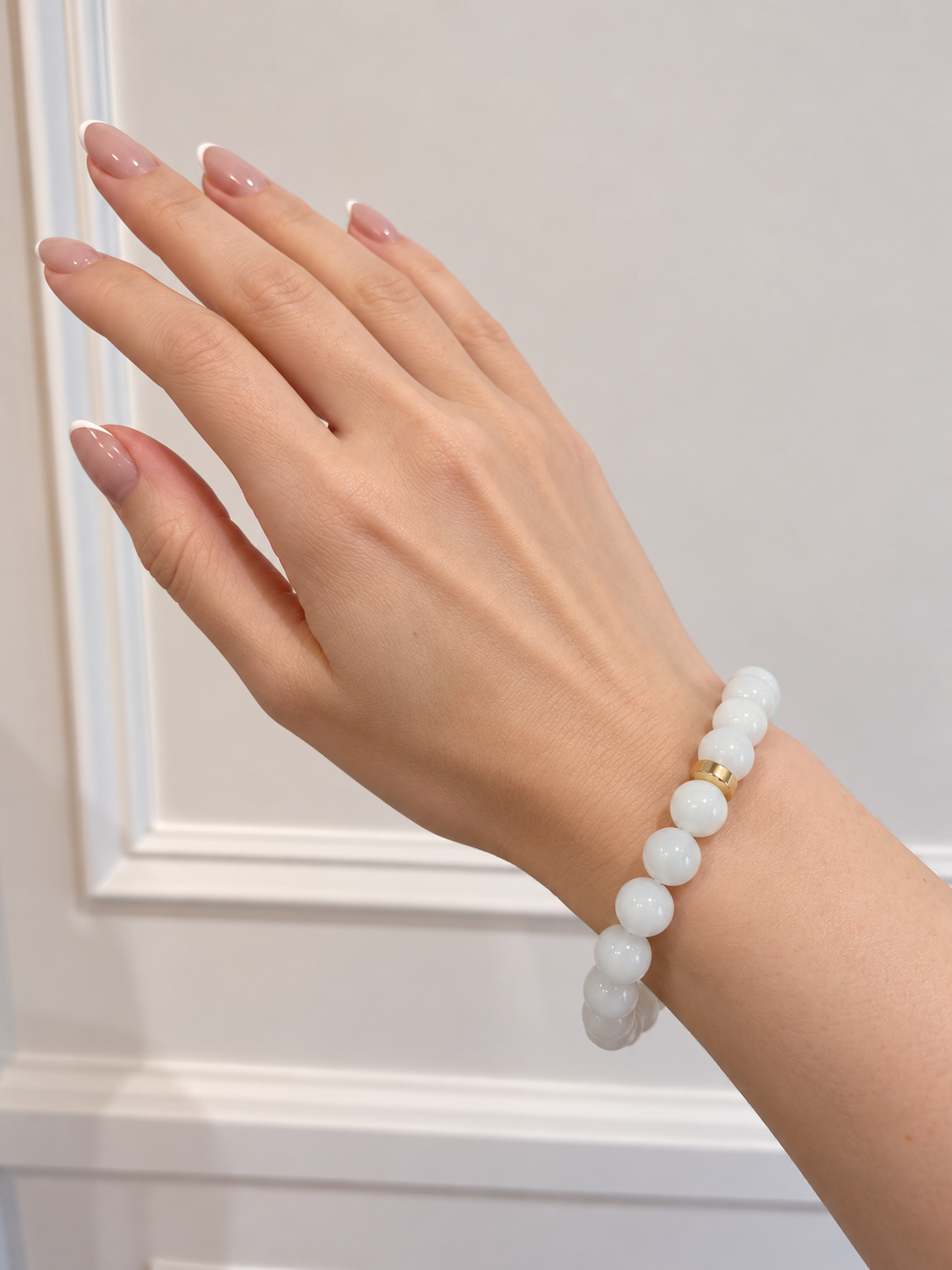 Jadeite Bead Bracelet — White & Gold Accent
